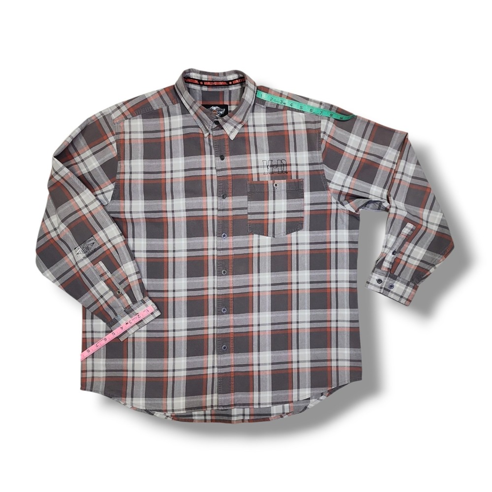 Harley Davidson Motorclothes Grey/Orange Plaid Button Down Long Sleeve Men's 2XL - Picture 4 of 16